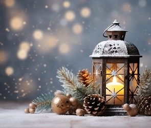 Śnieg, Gałązki, Zima, Lampion, Bombki, Dekoracja, Boże Narodzenie, Szyszki