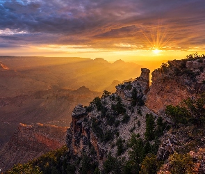 Wschód słońca, Grand Canyon, Arizona, Skały, Wielki Kanion Kolorado, Stany Zjednoczone, Park Narodowy Wielkiego Kanionu