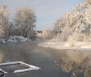 Zima, Drzewa, Rzeka, Oszronione