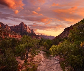 Rzeka, Chmury, Góry, Drzewa, Utah, Virgin River, Stany Zjednoczone, Park Narodowy Zion