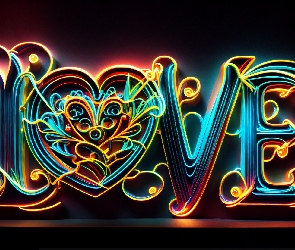 Tło, Czarne, Neon, 2D, Love, Miłość, Napis