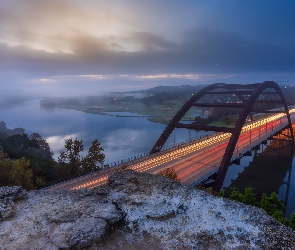 Most Pennybacker, Teksas, Mgła, Stany Zjednoczone, Austin, Skały, 360 Bridge, Droga, Jezioro Austin