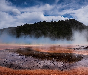 Gorące żródło, Drzewa, Gejzer, Góra, Wyoming, Grand Prismatic Spring, Stany Zjednoczone, Park Narodowy Yellowstone