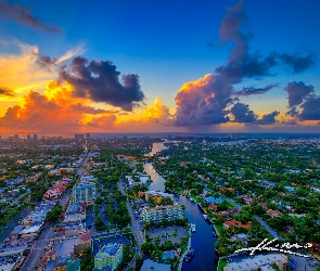 Floryda, Domy, Stany Zjednoczone, Fort Lauderdale, New River, Miasto, Chmury, Rzeka