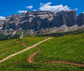 Dwie, Trawa, Góry, Ścieżki, Niebo, Włochy, Dolomity