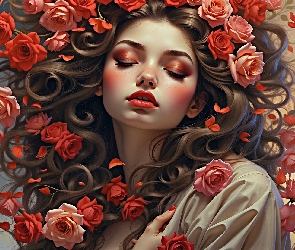 Makijaż, Róże, Czerwone, Kwiaty, Kobieta