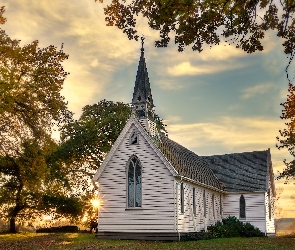 Jesień, Christ Church, Drzewa, Kościół, Region Hawkes Bay, Promienie słońca, Nowa Zelandia, Liście