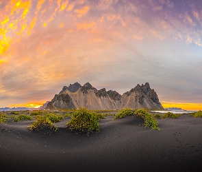 Islandia, Kolorowe, Piasek, Niebo, Trawa, Czarny, Góry, Góra Vestrahorn, Plaża