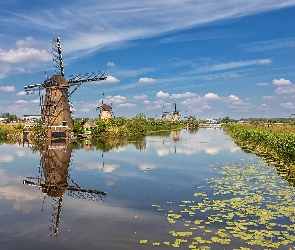 Rzeka, Holandia, Trawa, Wieś Kinderdijk, Wiatraki