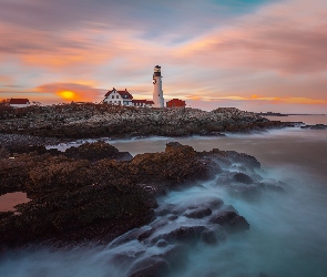 Portland Head Light, Zatoka Casco, Latarnia morska, Skały, Stan Maine, Morze, Stany Zjednoczone, Cape Elizabeth