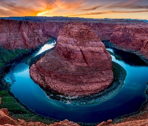 Stany Zjednoczone, Zachód słońca, Horseshoe Bend, Arizona, Skały, Kanion, Rzeka, Kolorado River, Park Narodowy Glen Canyon, Meander