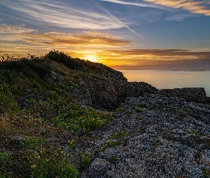 Bretania, Saint Malo, Zachód słońca, Francja, Pointe de la Varde, Morze, Skały