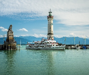 Latarnia morska, Jezioro Bodeńskie, Lindau, New Lighthouse, Port, Niemcy, Góry