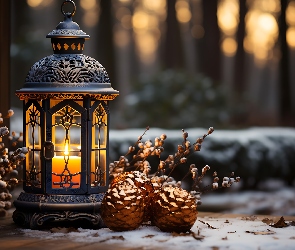 Świeca, Śnieg, Szyszki, Gałązki, Lampion