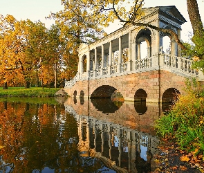 Park, Petersburg, Drzewa, Rosja, Carskie Sioło, Staw, Jesień, Kryty, Most