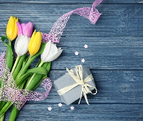 Deski, Kokardka, Kolorowe, Bukiet, Tulipany, Prezent