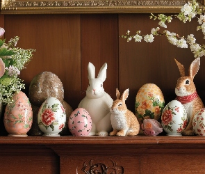 Kwiaty, Wazon, Figurki, Wielkanoc, Królik, Pisanki