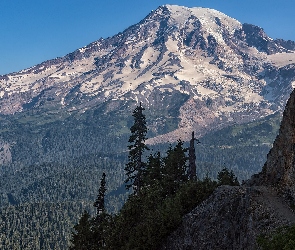 Ośnieżone, Stan Waszyngton, Skały, Stany Zjednoczone, Park Narodowy Mount Rainier, Świerki, Góry, Stratowulkan Mount Rainier, Drzewa