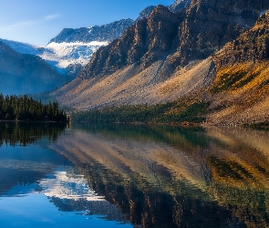 Park Narodowy Banff, Alberta, Lodowiec, Kanada, Crowfoot Glacier, Bow Lake, Góry, Drzewa, Jezioro