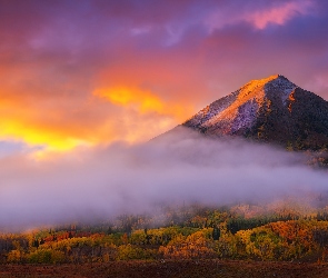 Chmury, Zachód słońca, Góra, Drzewa, Crested Butte, Stany Zjednoczone, Gothic Mountain, Kolorado, Jesień, Mgła, Las