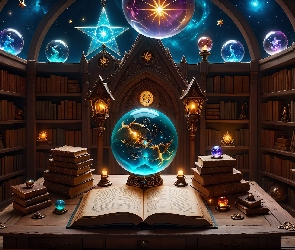 Biblioteka, Szklane, Kule, Książki, Grafika