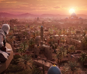 Assassins Creed Mirage, Gra, Budynek, Postać, Miasto, Zachód słońca