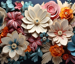 Kolorowe, Grafika, Niebieskie, Białe, Kwiaty