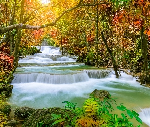 Jesień, Prowincja Kanchanaburi, Wodospad Huai Mae Khamin, Tajlandia, Park Narodowy Khuean Srinagarindra, Kamienie, Las, Drzewa, Rośliny