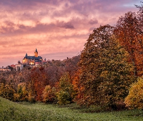 Jesień, Drzewa, Saksonia, Chmury, Zamek Wernigerode, Niemcy, Wernigerode