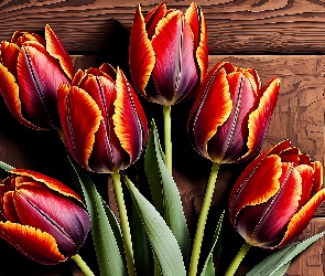 Tulipany, 2D, Deski, Listki, Czerwono-żółte