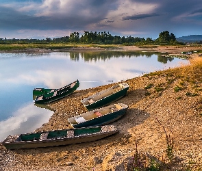 Plaża, Słowenia, Drzewa, Łódki, Jezioro Cerknica