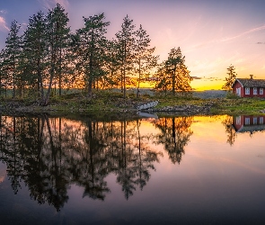 Norwegia, Łódka, Drzewa, Odbicie, Dom, Vaeleren, Ringerike, Tyristrand, Jezioro