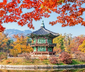 Jesień, Park, Seul, Drzewa, Pawilon Hyangwonjeong, Korea Południowa, Budowla