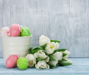 Wiaderko, Kwiaty, Białe, Pisanki, Białe, Kolorowe, Tulipany, Bukiet