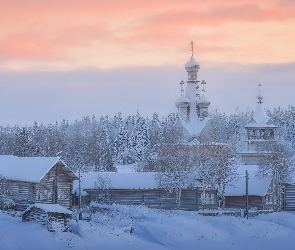 Obwód archangielski, Domy, Rosja, Cerkiew, Zima, Wieś Kimzha, Śnieg, Ogrodzenie