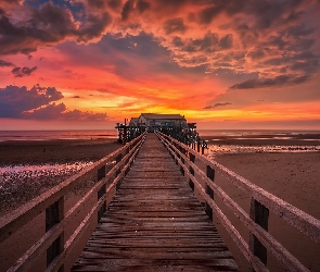 Niebo, Kolorowe, Molo, Chmury, Zachód słońca, Morze, Plaża