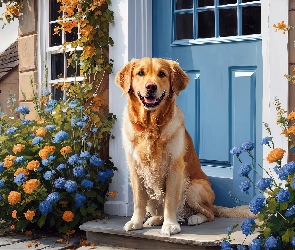 Dom, Niebieski, Golden retriever, Pies, Kwiaty, Drzwi