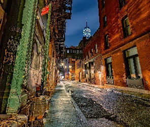 Poranek, Oświetlenie, Domy, Latarnie, Nowy Jork, Manhattan, Najkrótsza, Ulica, Stany Zjednoczone, Staple Street