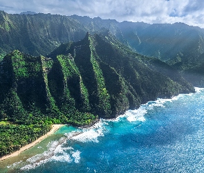 Hawaje, Góry, Stany Zjednoczone, Na Pali, Ocean, Wybrzeże, Poranek, Plaża