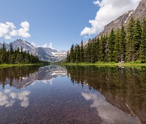 Góry, Swiftcurrent Lake, Stan Montana, Drzewa, Jezioro, Stany Zjednoczone, Park Narodowy Glacier