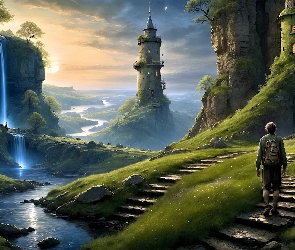 Góry, Wodospad, Grafika, Wieża, Wędrowiec, Rzeka, Fantasy, Schody
