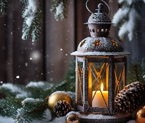 Śnieg, Gałązki, Lampion, Dekoracja, Szyszki, Bombki