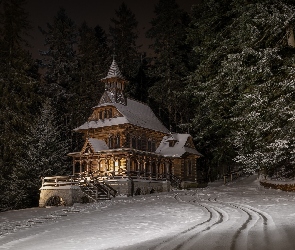 Zima, Polska, Jaszczurówka, Kościół, Zakopane, Ślady, Kaplica Najświętszego Serca Jezusa, Kościółek, Las