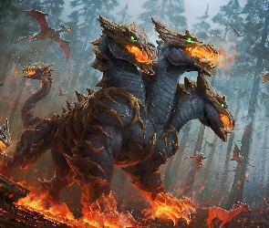 Gra, Smoki, Ogień, Plakat, Las, Bone Shaker Cerberus, Smite Battleground of the Gods, Postać, Smok