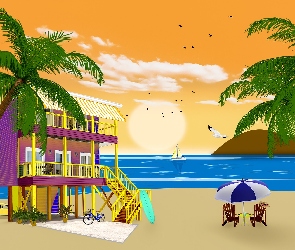 Grafika, Palmy, Morze, Wakacje, Dom, Plaża