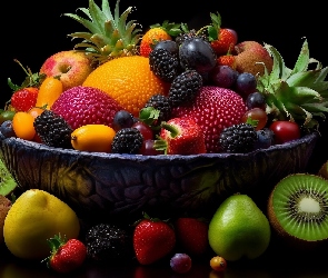 Ananas, Jeżyny, Owoce, Miska, Kiwi, Kompozycja, Cytrusy