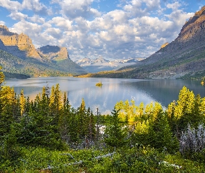 Góry, Saint Mary Lake, Stan Montana, Drzewa, Jezioro, Stany Zjednoczone, Park Narodowy Glacier