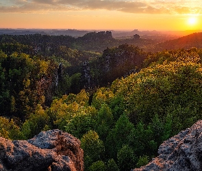 Wschód słońca, Drzewa, Park Narodowy Saskiej Szwajcarii, Niemcy, Góry Połabskie, Skały