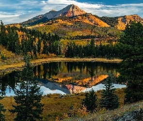 Stany Zjednoczone, Drzewa, Boyce Lake, Odbicie, Jesień, Jezioro, Kolorado, Góry, San Juan Mountains