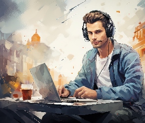 Grafika, Słuchawki, Mężczyzna, Laptop